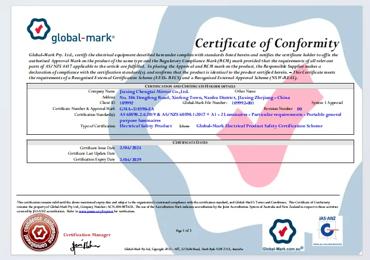 Chengtai Mirror product certification 5 (CE / CB / SAA / ETL / RoHS / ISO 9001 family)