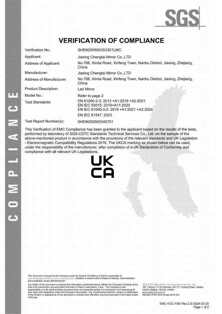 Chengtai Mirror product certification 10 (CE / CB / SAA / ETL / RoHS / ISO 9001 family)