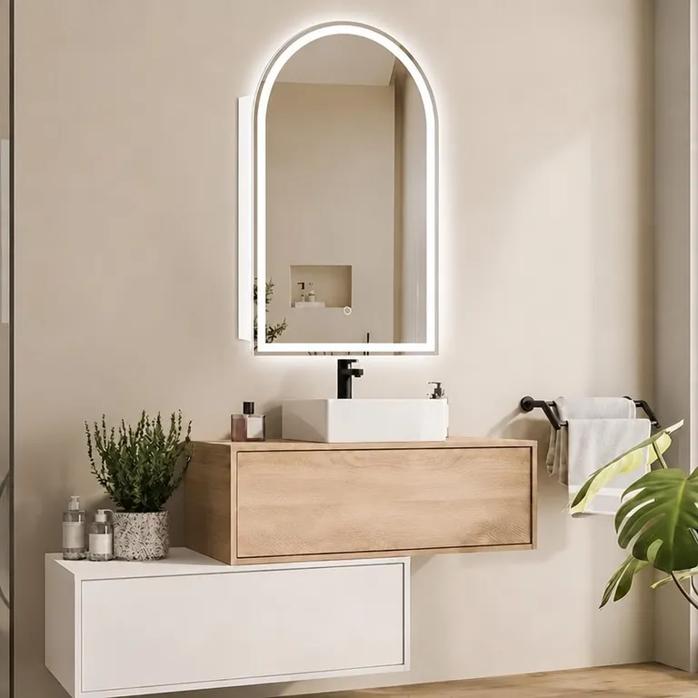 Gewölbter hinterleuchteter LED-Spiegelschrank mit Badezimmer-Waschtisch