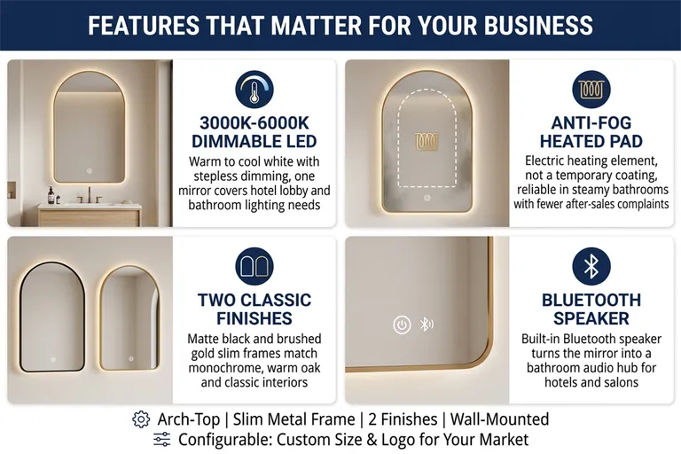 Arched Backlit LED Bathroom Mirror with Touch Dimming 