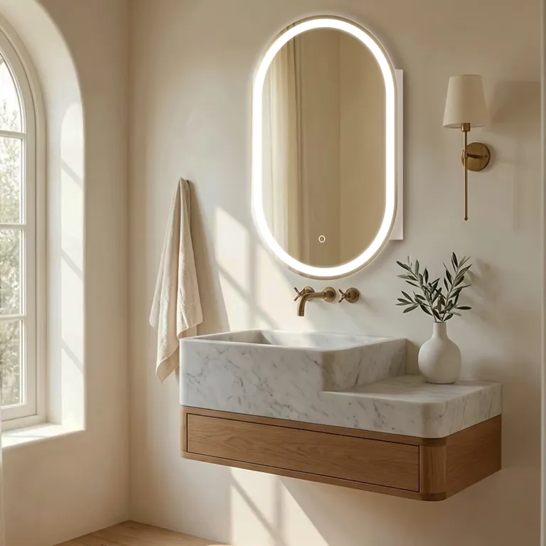 Floating Wood Vanity with Oval LED Backlit Mirror