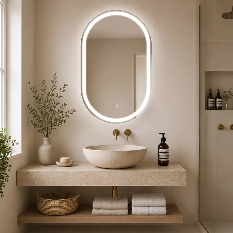 Floating Wood Vanity with Oval LED Backlit Mirror