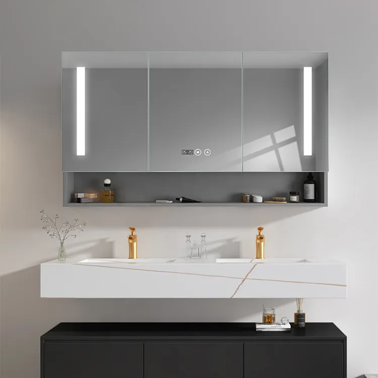 Mobile specchio LED moderno da parete con mensola aperta