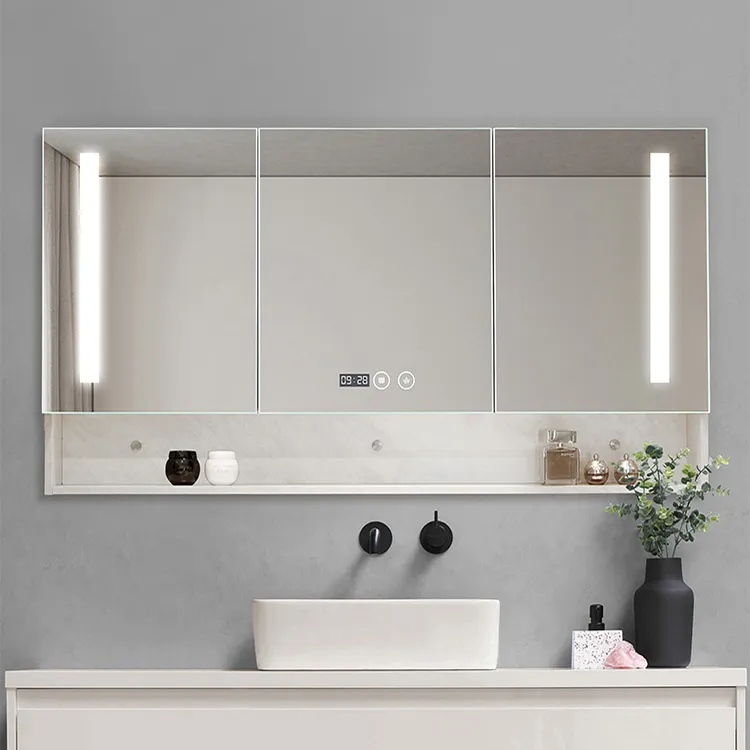 Mobile specchio LED moderno da parete con mensola aperta