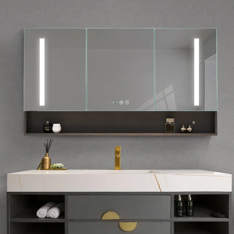 Mobile specchio LED moderno da parete con mensola aperta