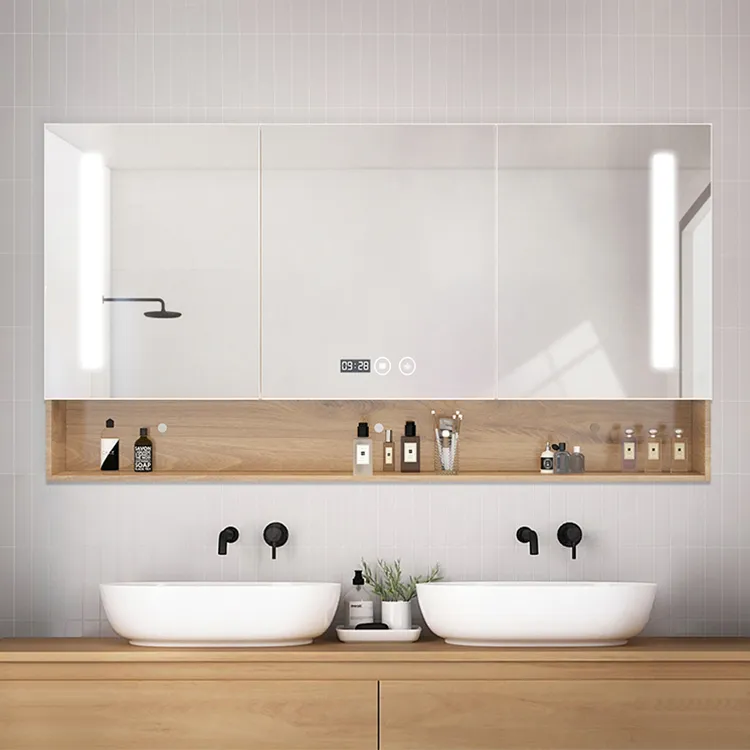 Mobile specchio LED moderno da parete con mensola aperta