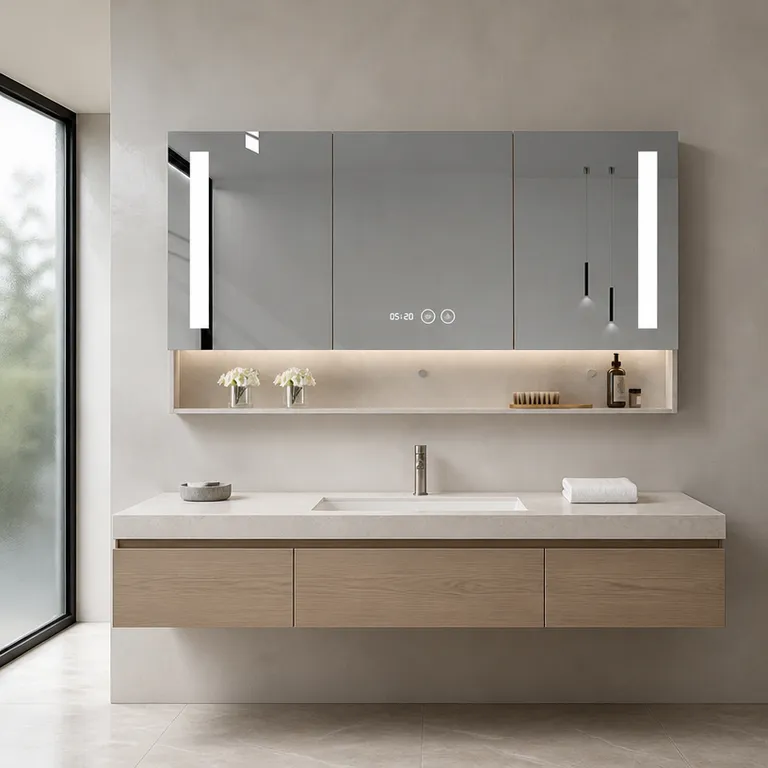 Oak Open Shelf Triple Door Bathroom Mirror Cabinet