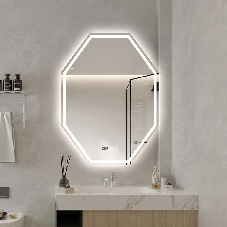 Octagonal LED Smart Bathroom Mirror Touch Control Wall Mounted Vanity Mirror With Time Display