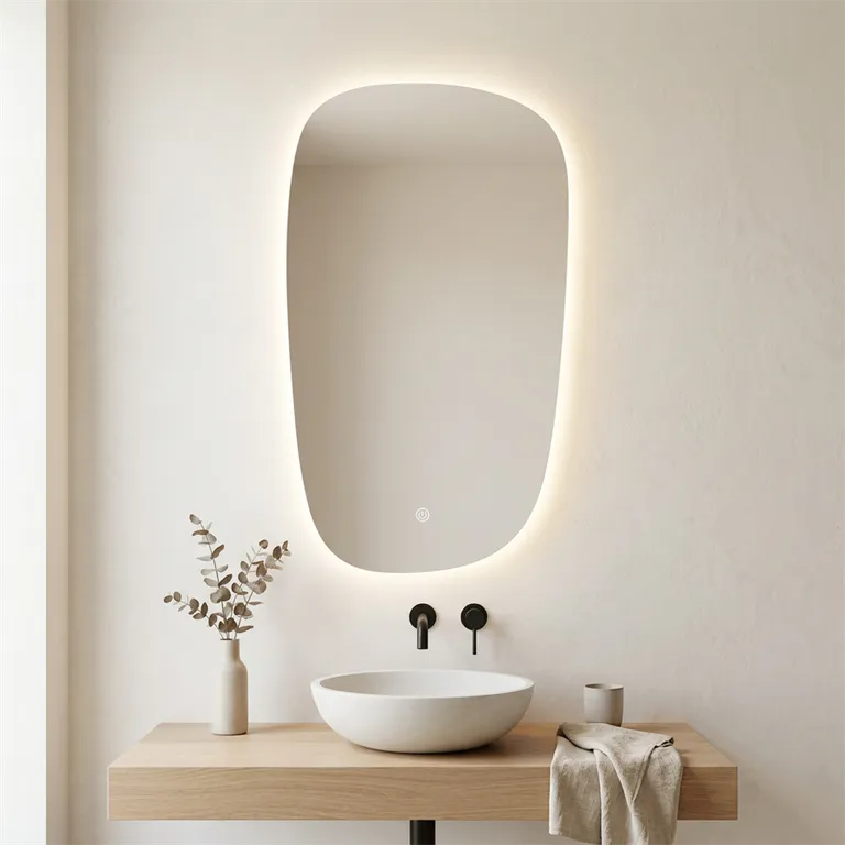 Organic Oval Backlit LED Bathroom Mirror with Warm Halo & Touch Dimming