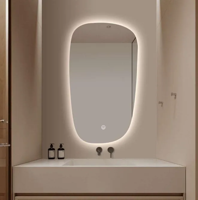 Organic Oval Backlit LED Bathroom Mirror with Warm Halo & Touch Dimming