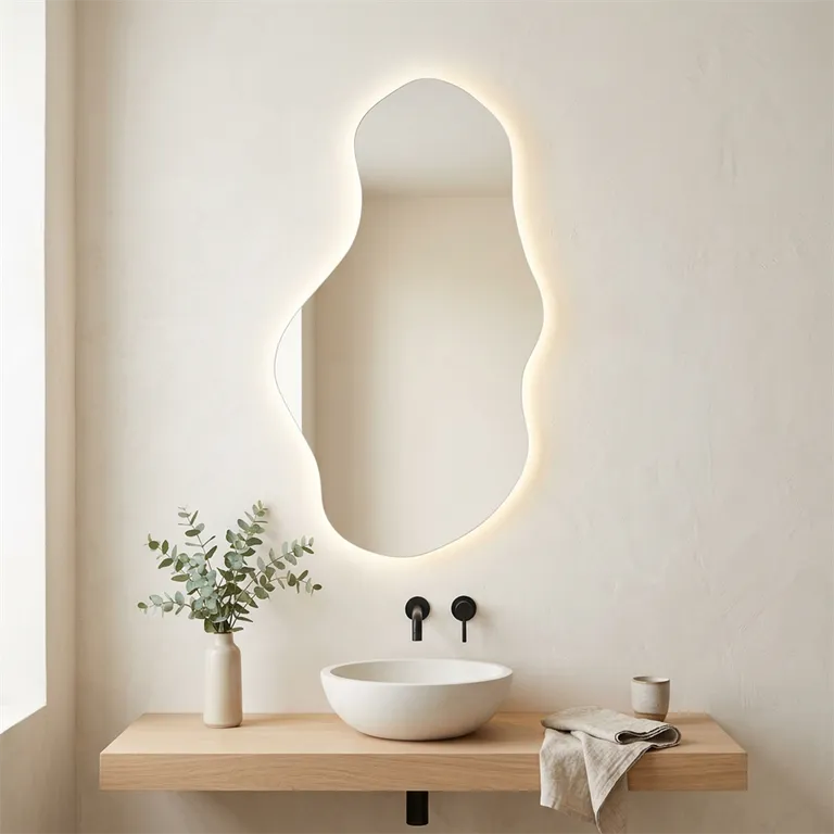 Organic Shaped Backlit LED Bathroom Mirror with Warm Halo Light