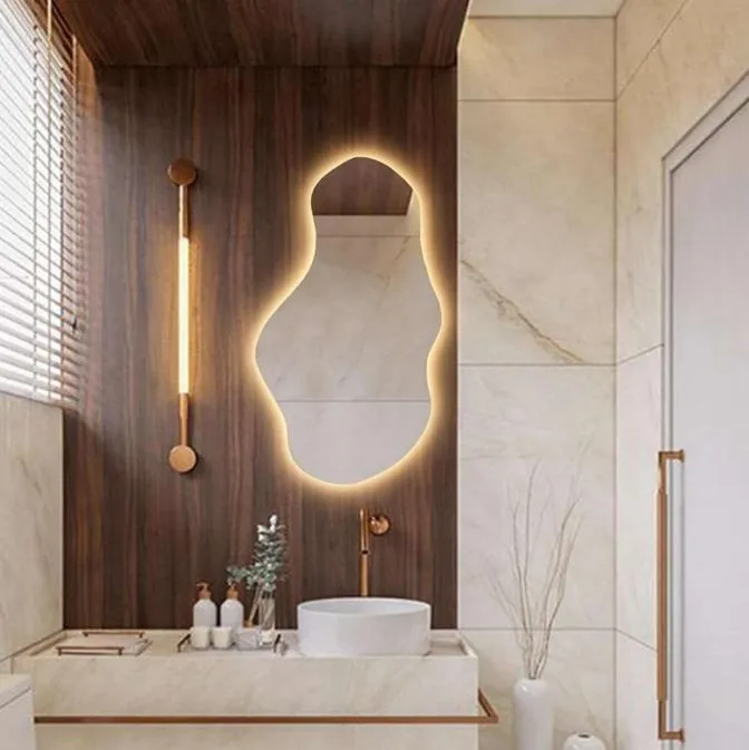 Organic Shaped Backlit LED Bathroom Mirror with Warm Halo Light