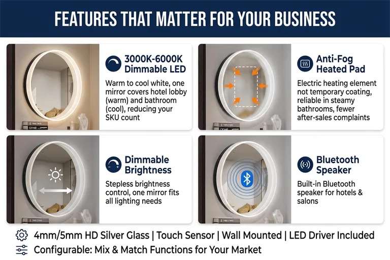 Round Backlit LED Vanity Mirror with Touch Dimming & Halo Ring Light