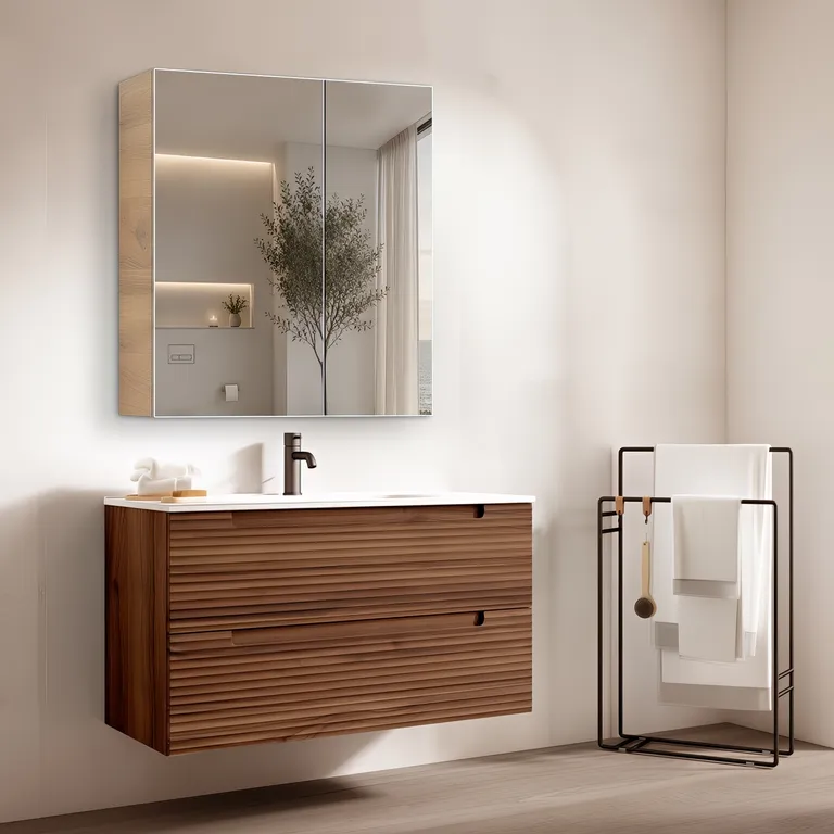 Walnut Grain Double Door Bathroom Mirror Storage Cabinet