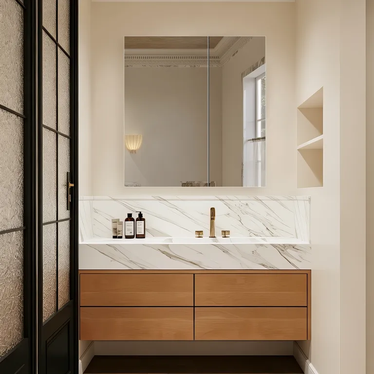 Walnut Grain Double Door Bathroom Mirror Storage Cabinet