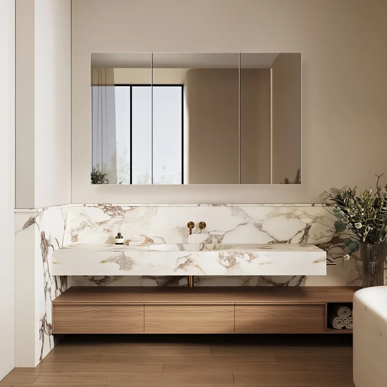Walnut Grain Double Door Bathroom Mirror Storage Cabinet